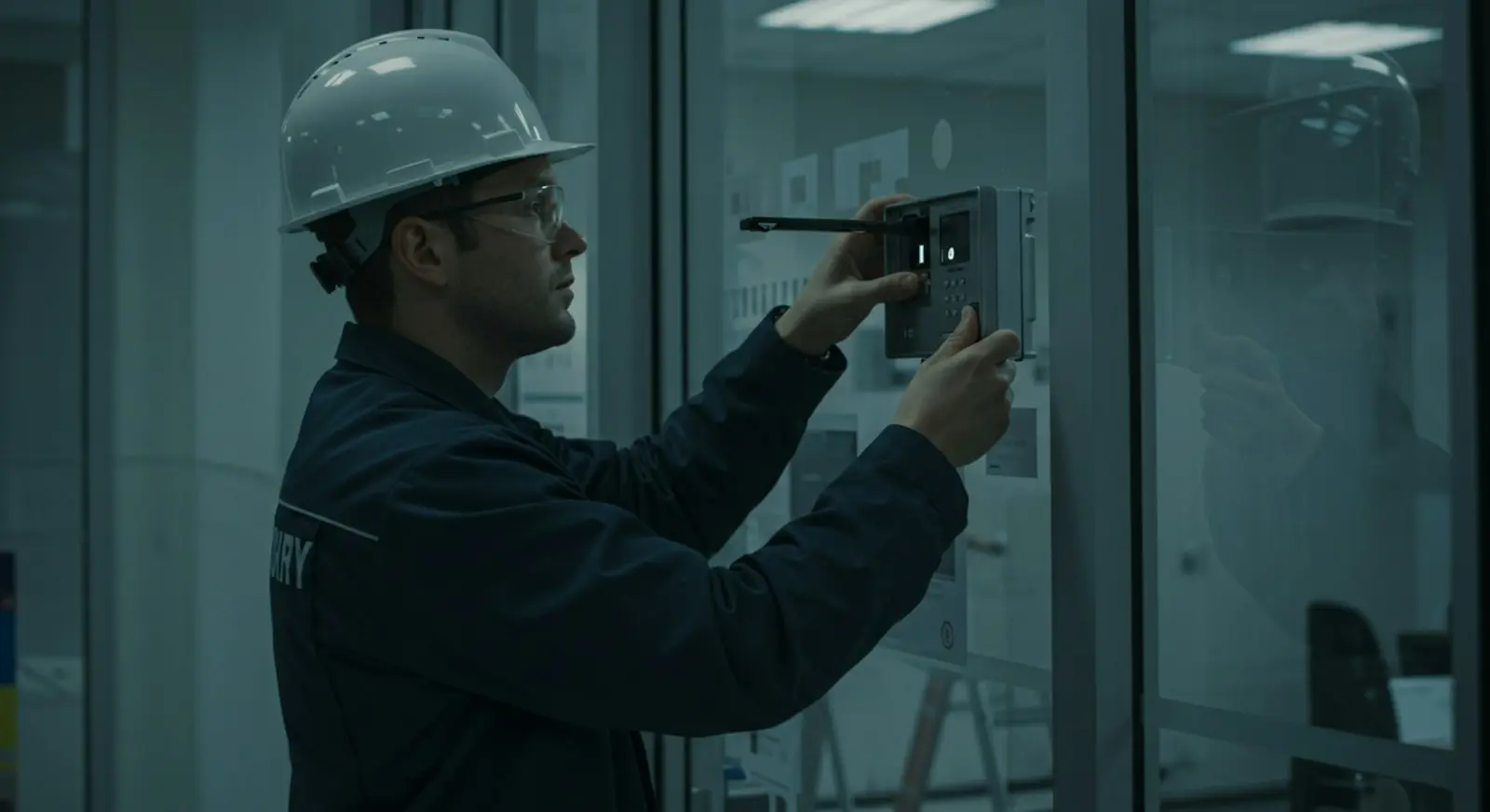 Monteur inspecteert een installatie bij een deur